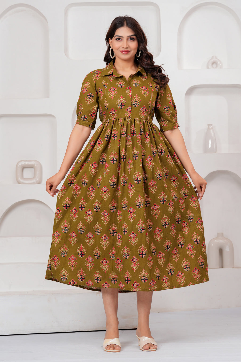 Olive Grace Green Floral Printed Maternity kurta
