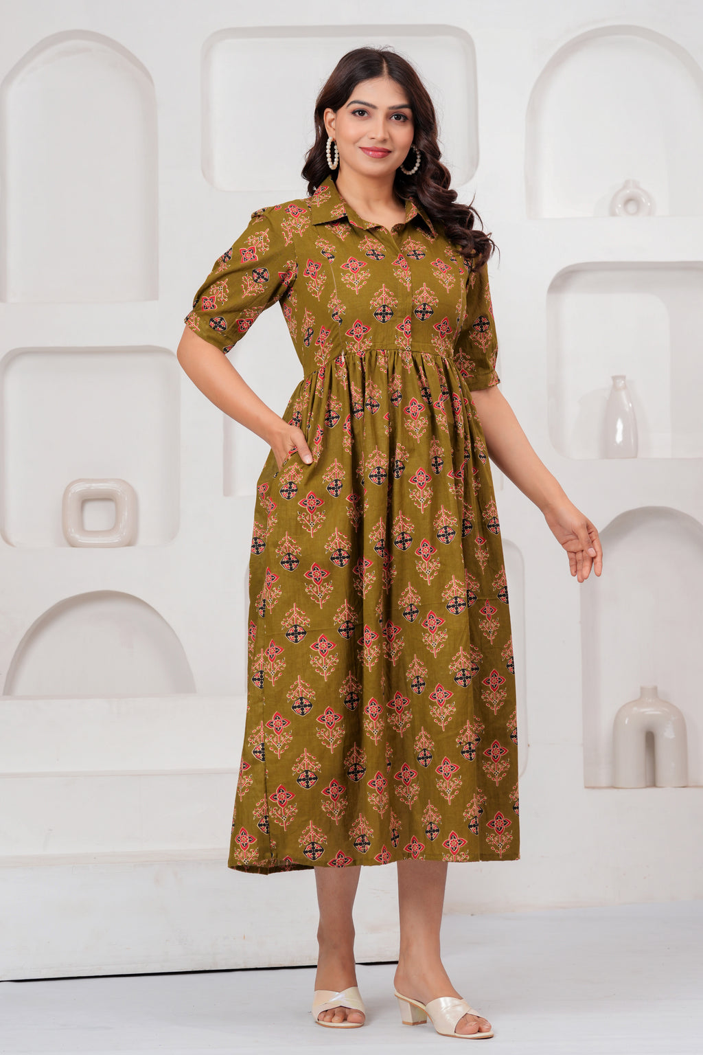 Olive Grace Green Floral Printed Maternity kurta