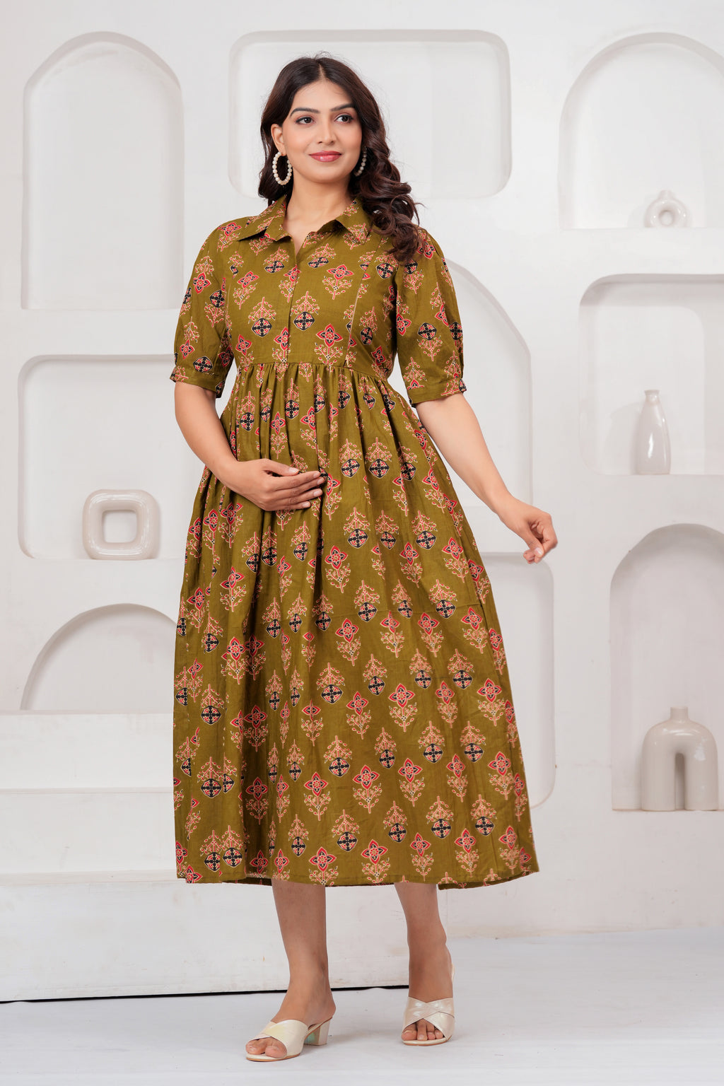 Olive Grace Green Floral Printed Maternity kurta