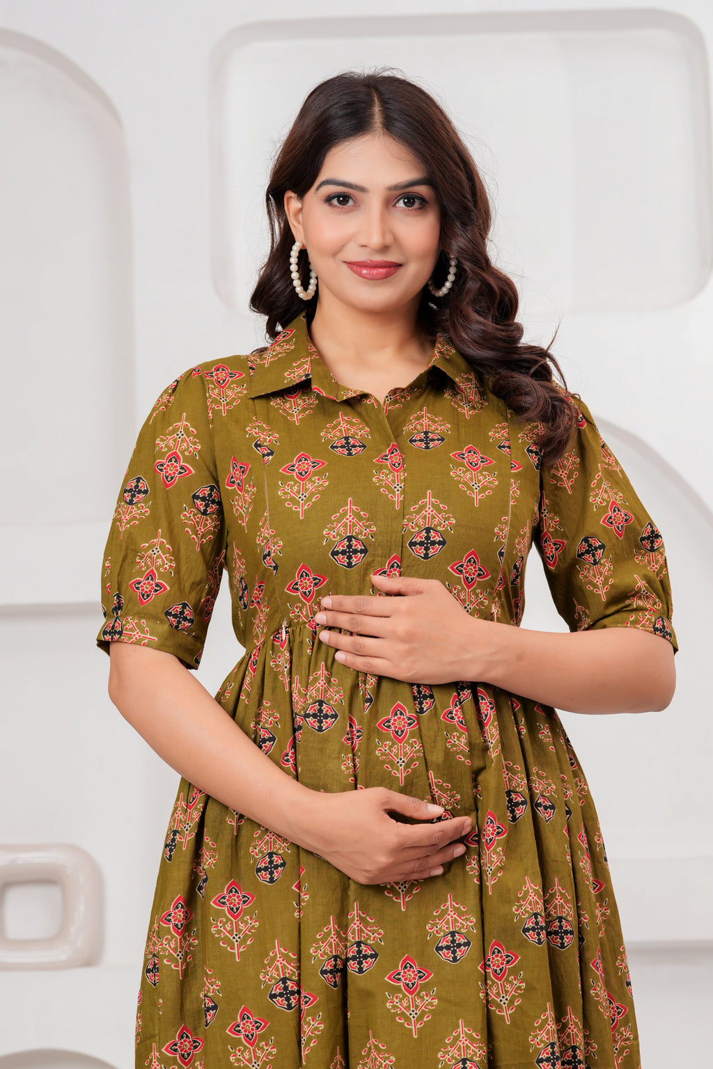 Olive Grace Green Floral Printed Maternity kurta