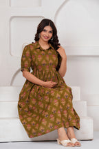 Olive Grace Green Floral Printed Maternity kurta