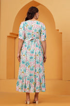 Mint Blossom Elegant White Floral Tiered Printed Maternity Kurta