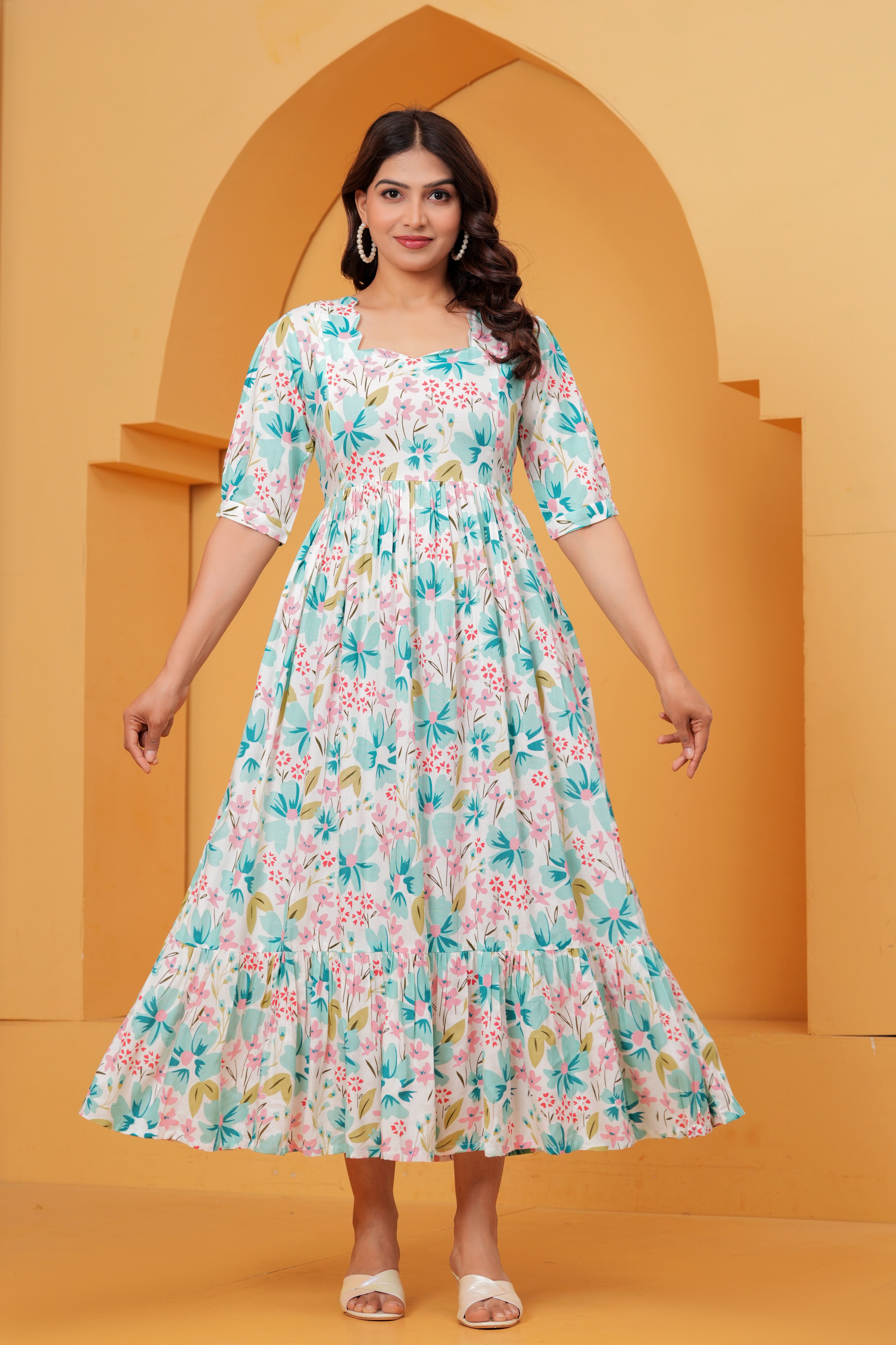 Mint Blossom Elegant White Floral Tiered Printed Maternity Kurta