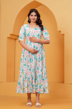 Mint Blossom Elegant White Floral Tiered Printed Maternity Kurta