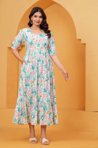 Mint Blossom Elegant White Floral Tiered Printed Maternity Kurta