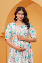 Mint Blossom Elegant White Floral Tiered Printed Maternity Kurta