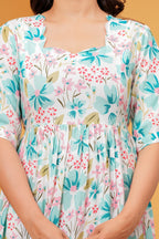 Mint Blossom Elegant White Floral Tiered Printed Maternity Kurta