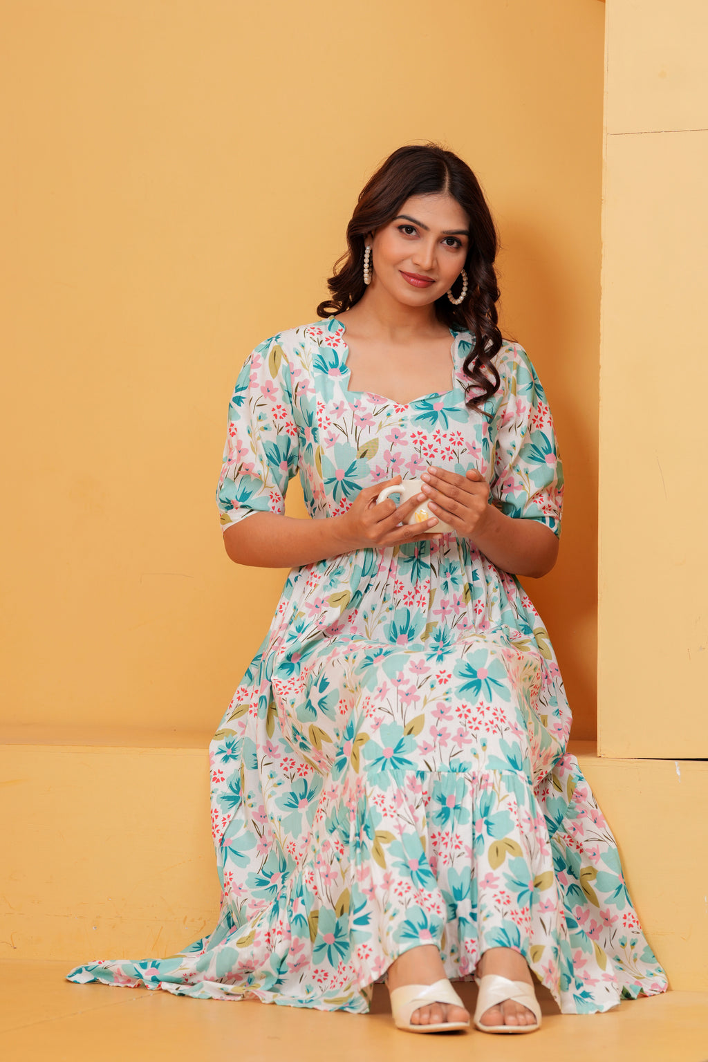 Mint Blossom Elegant White Floral Tiered Printed Maternity Kurta