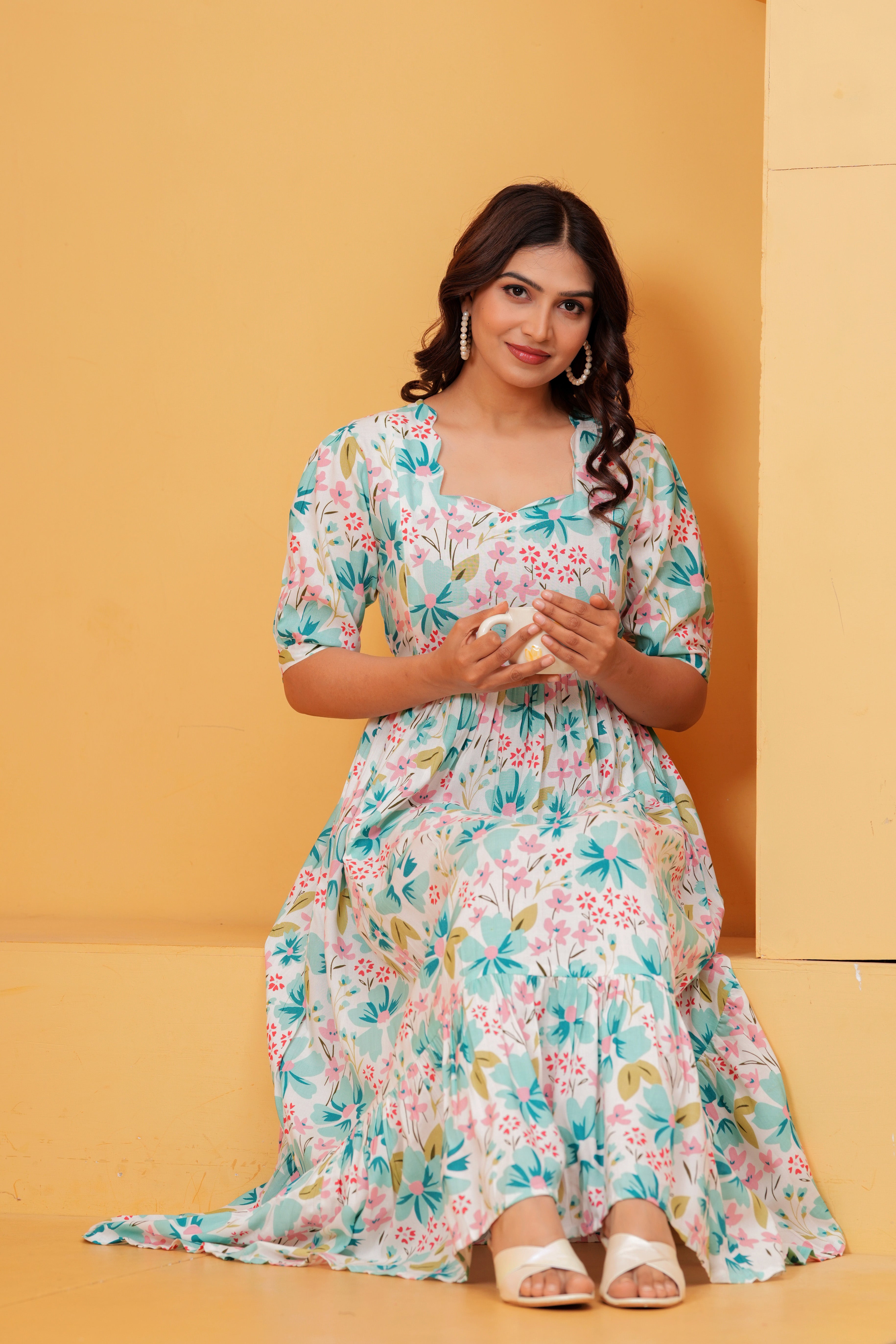 Mint Blossom Elegant White Floral Tiered Printed Maternity Kurta