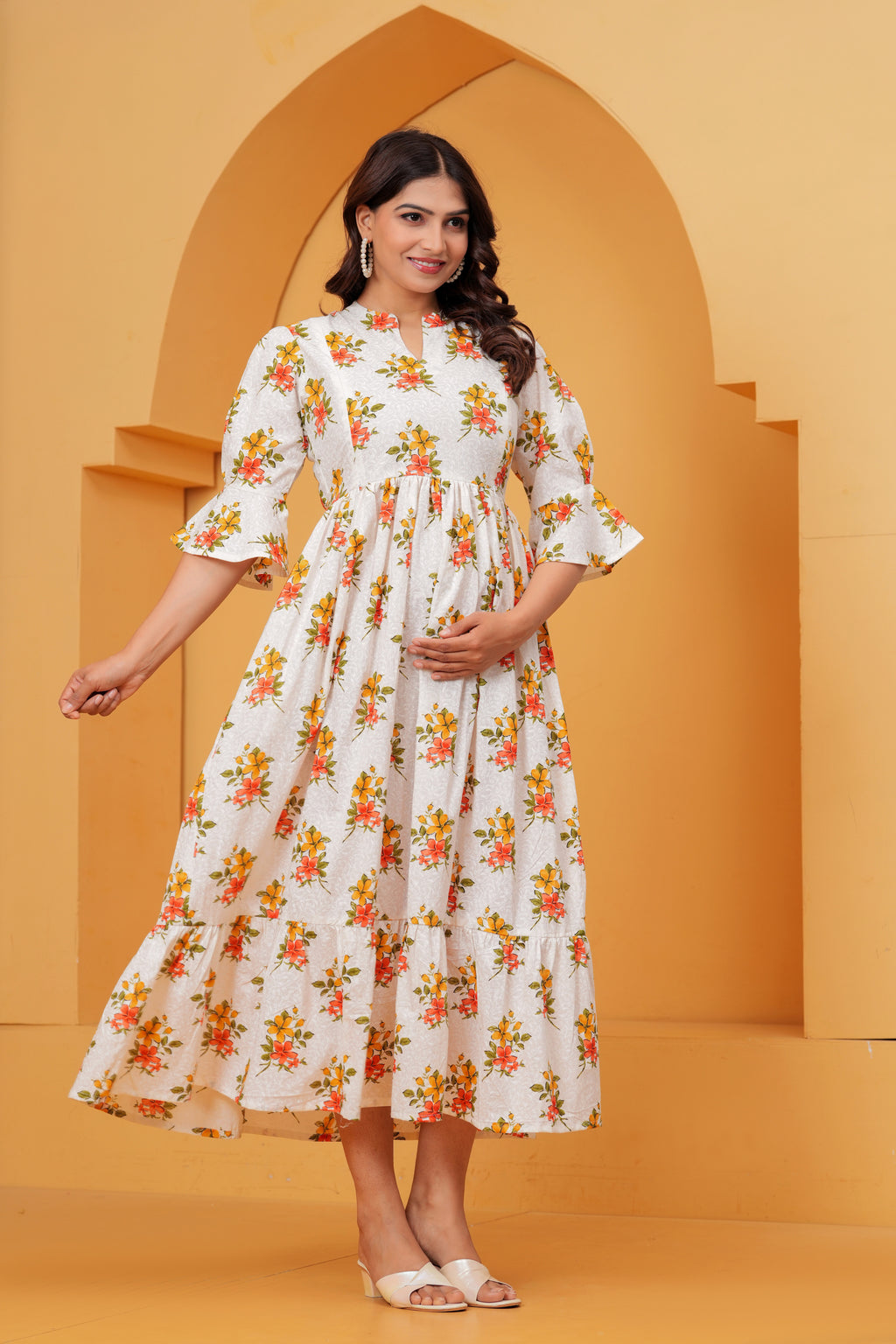 Ivory white Blossom Elegant Coral Floral Tiered Printed Maternity Kurta
