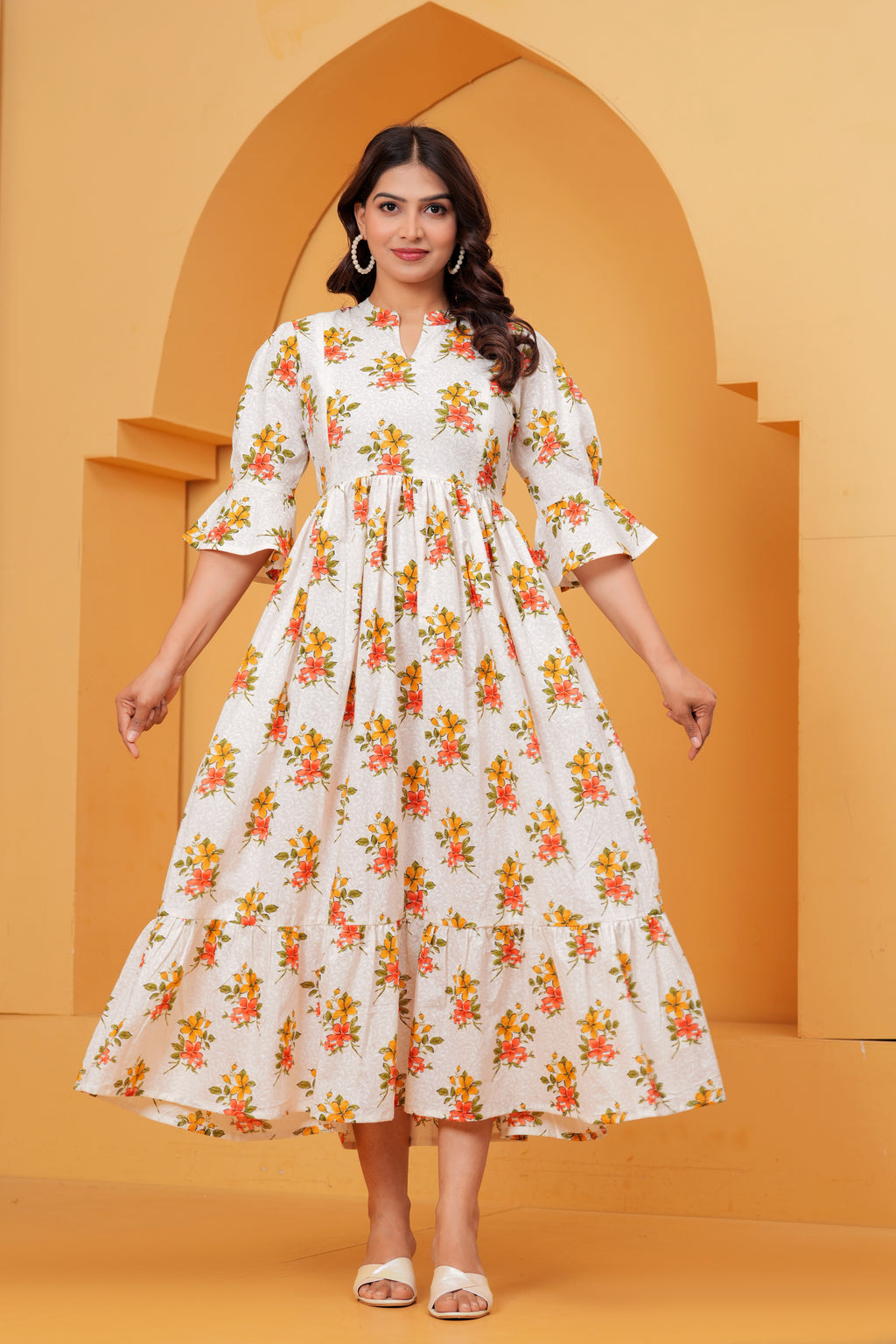 Ivory white Blossom Elegant Coral Floral Tiered Printed Maternity Kurta