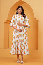 Ivory white Blossom Elegant Coral Floral Tiered Printed Maternity Kurta