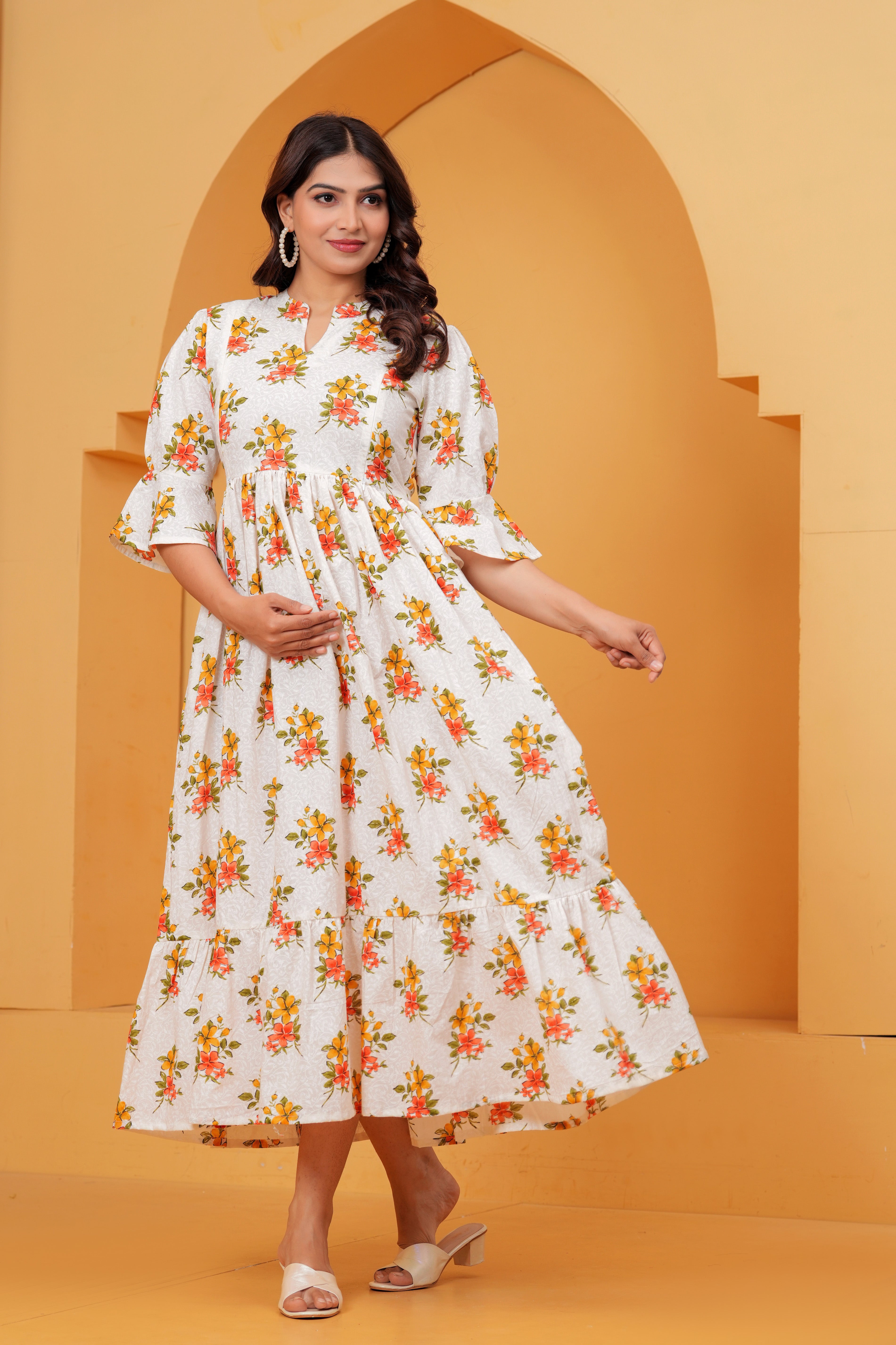 Ivory white Blossom Elegant Coral Floral Tiered Printed Maternity Kurta