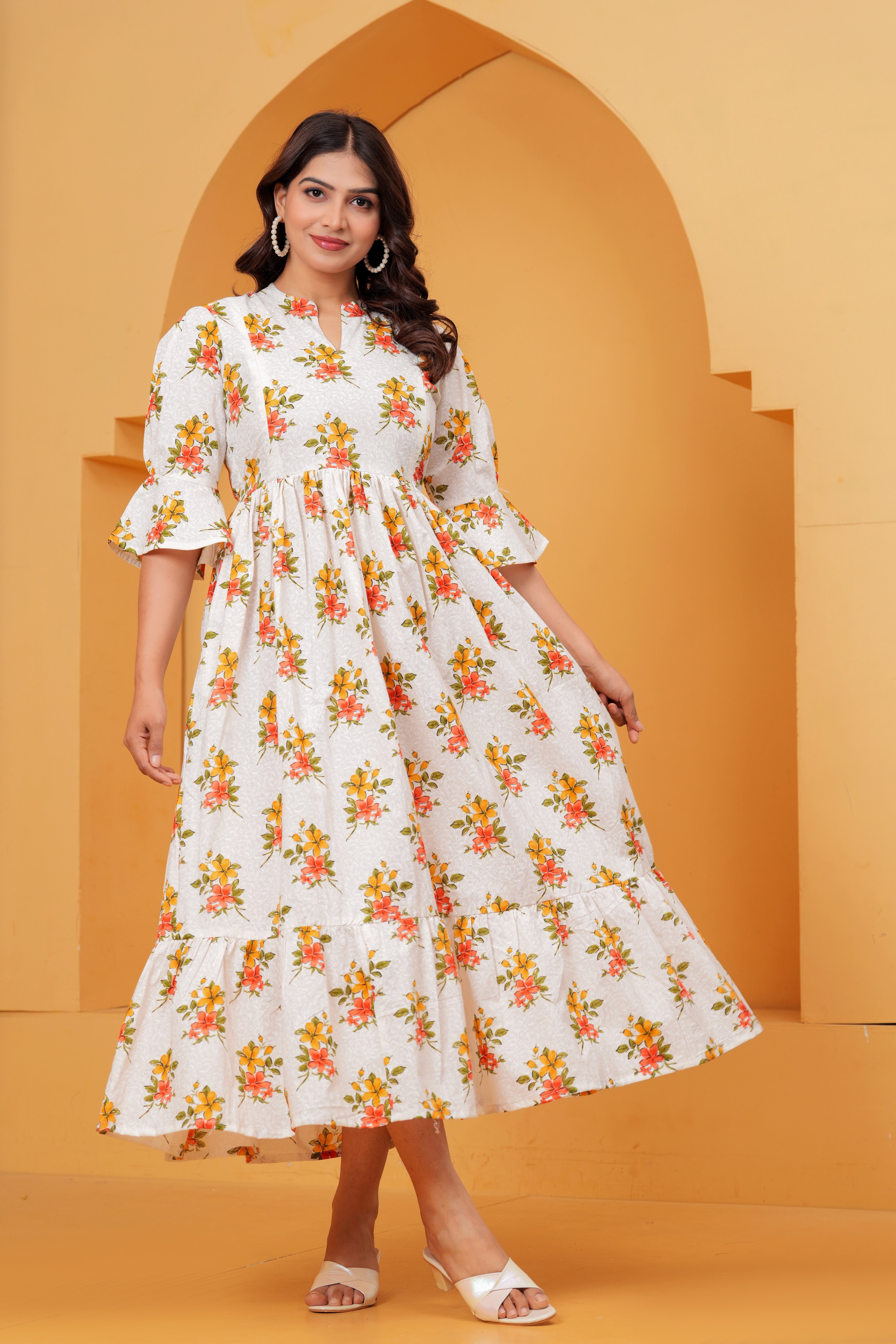 Ivory white Blossom Elegant Coral Floral Tiered Printed Maternity Kurta