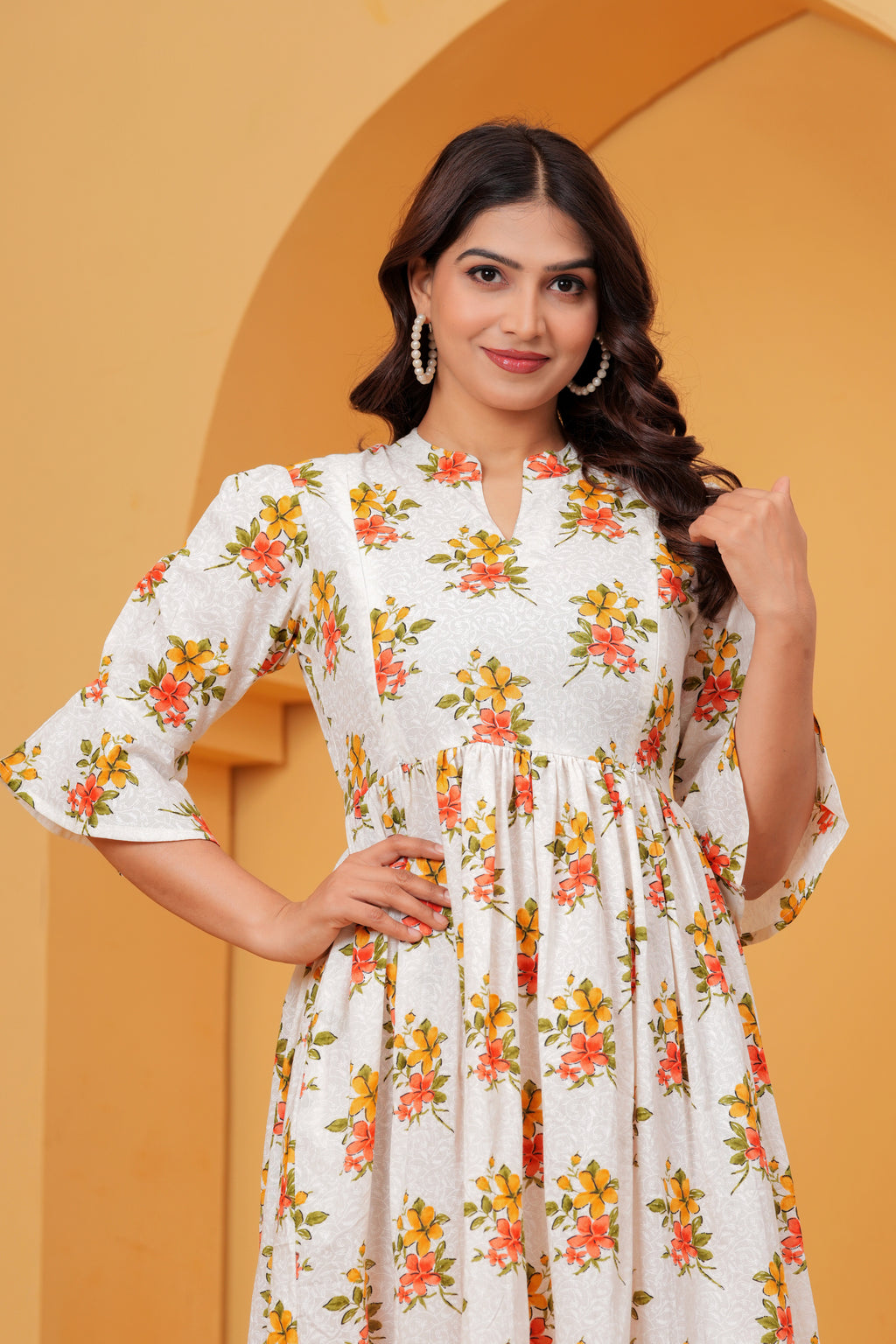 Ivory white Blossom Elegant Coral Floral Tiered Printed Maternity Kurta