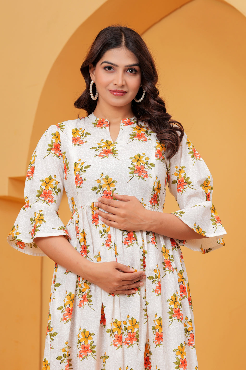 Ivory white Blossom Elegant Coral Floral Tiered Printed Maternity Kurta