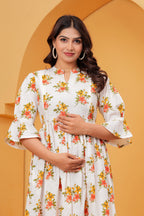 Ivory white Blossom Elegant Coral Floral Tiered Printed Maternity Kurta