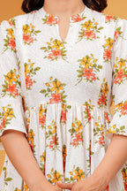 Ivory white Blossom Elegant Coral Floral Tiered Printed Maternity Kurta