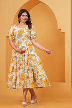 Golden Daisy Elegance Floral Tiered Printed Maternity Kurta