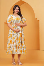 Golden Daisy Elegance Floral Tiered Printed Maternity Kurta