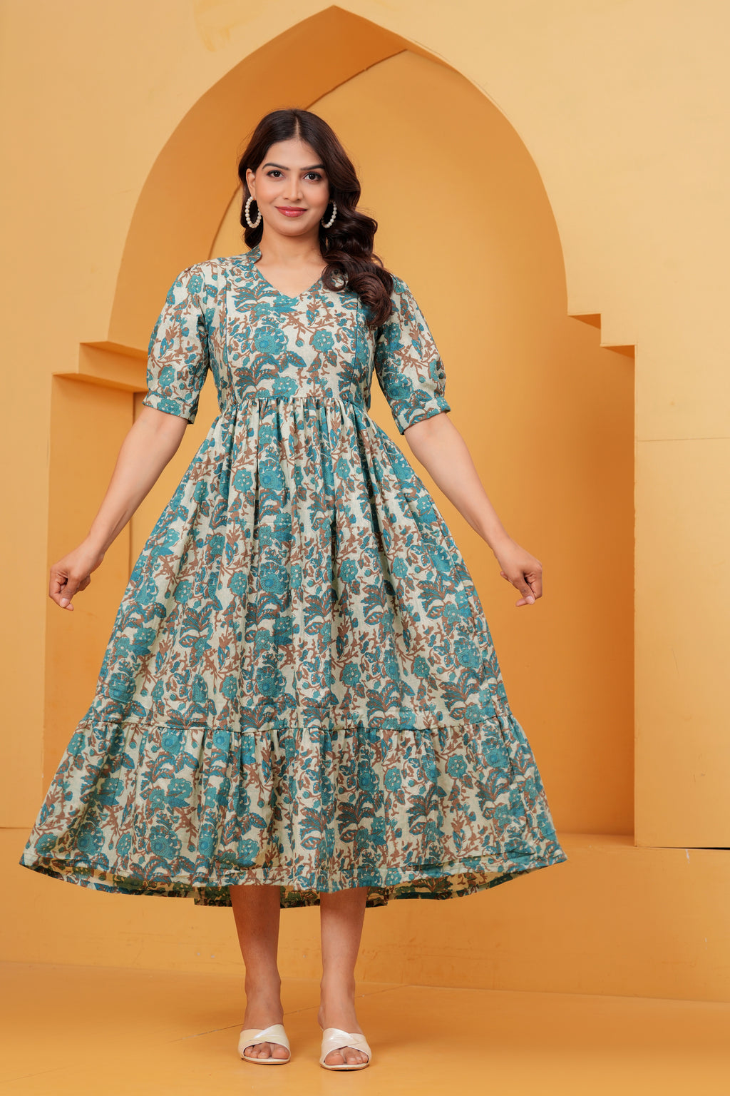 Turquoise Petal Elegance Floral Tiered Printed Maternity Kurta