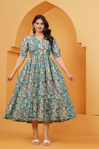 Turquoise Petal Elegance Floral Tiered Printed Maternity Kurta