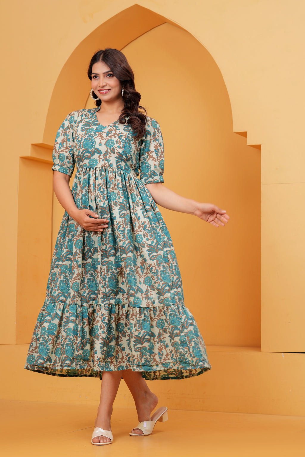 Turquoise Petal Elegance Floral Tiered Printed Maternity Kurta