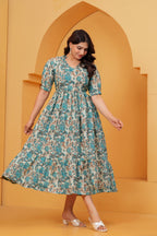 Turquoise Petal Elegance Floral Tiered Printed Maternity Kurta