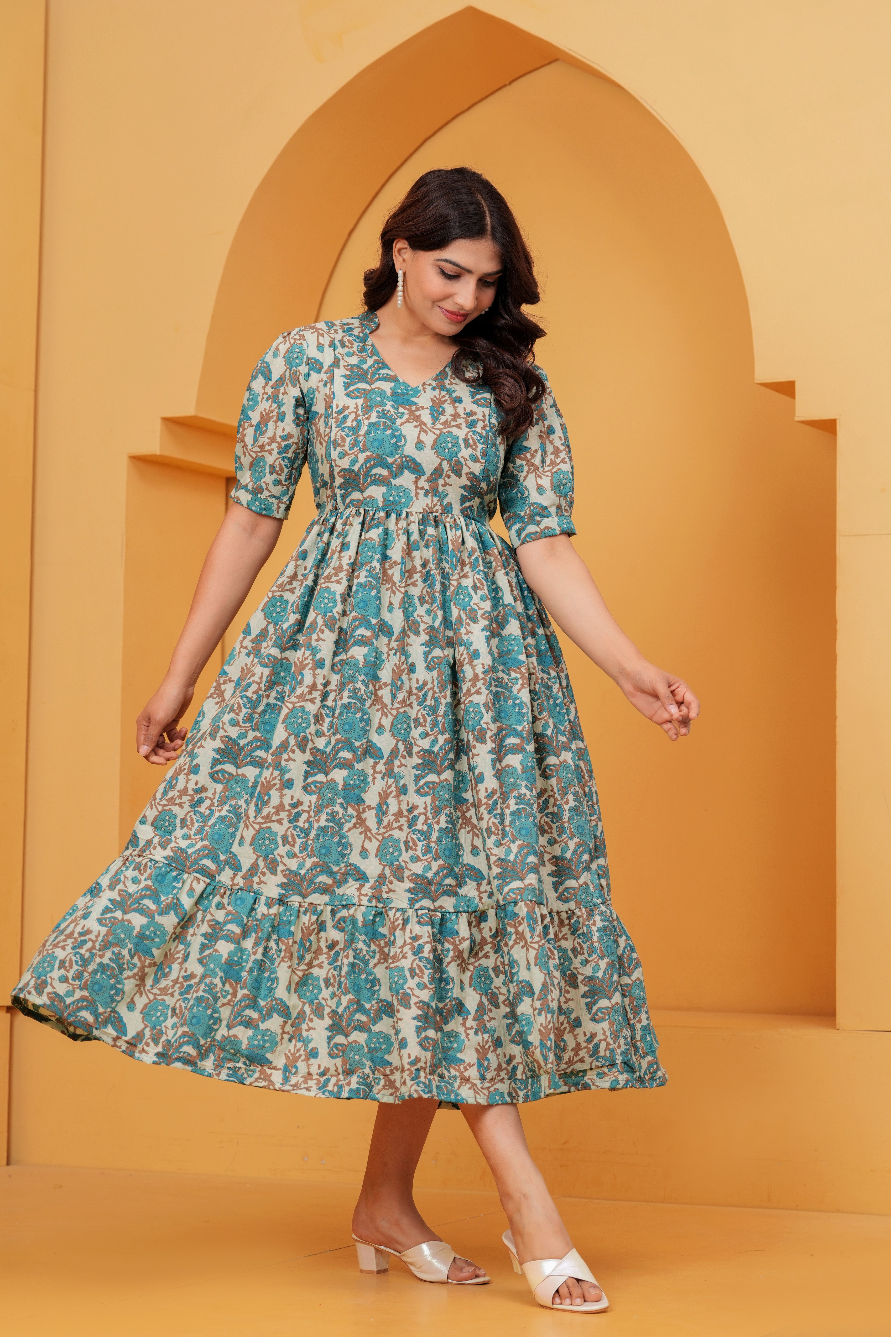 Turquoise Petal Elegance Floral Tiered Printed Maternity Kurta