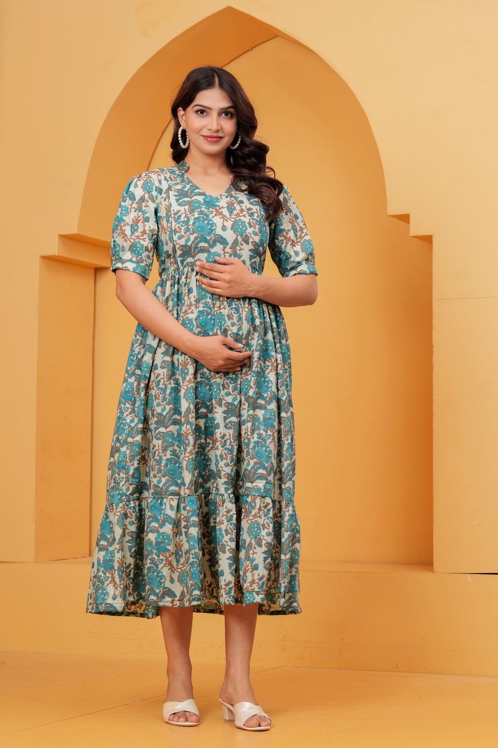 Turquoise Petal Elegance Floral Tiered Printed Maternity Kurta