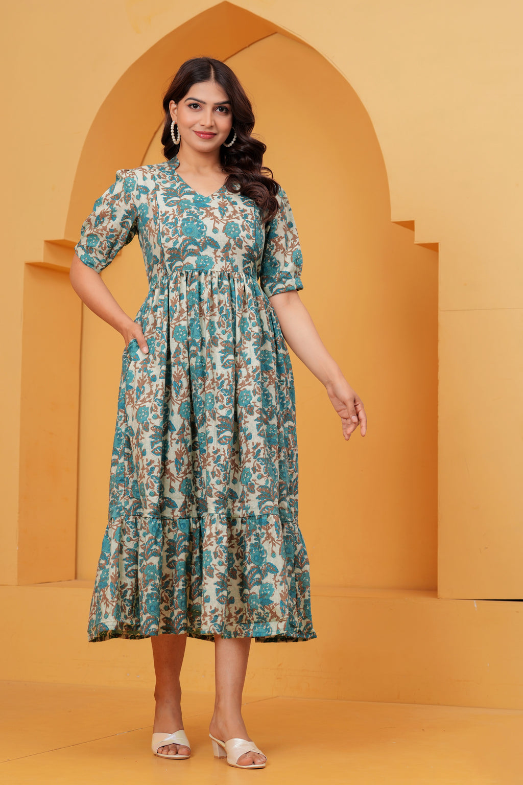 Turquoise Petal Elegance Floral Tiered Printed Maternity Kurta