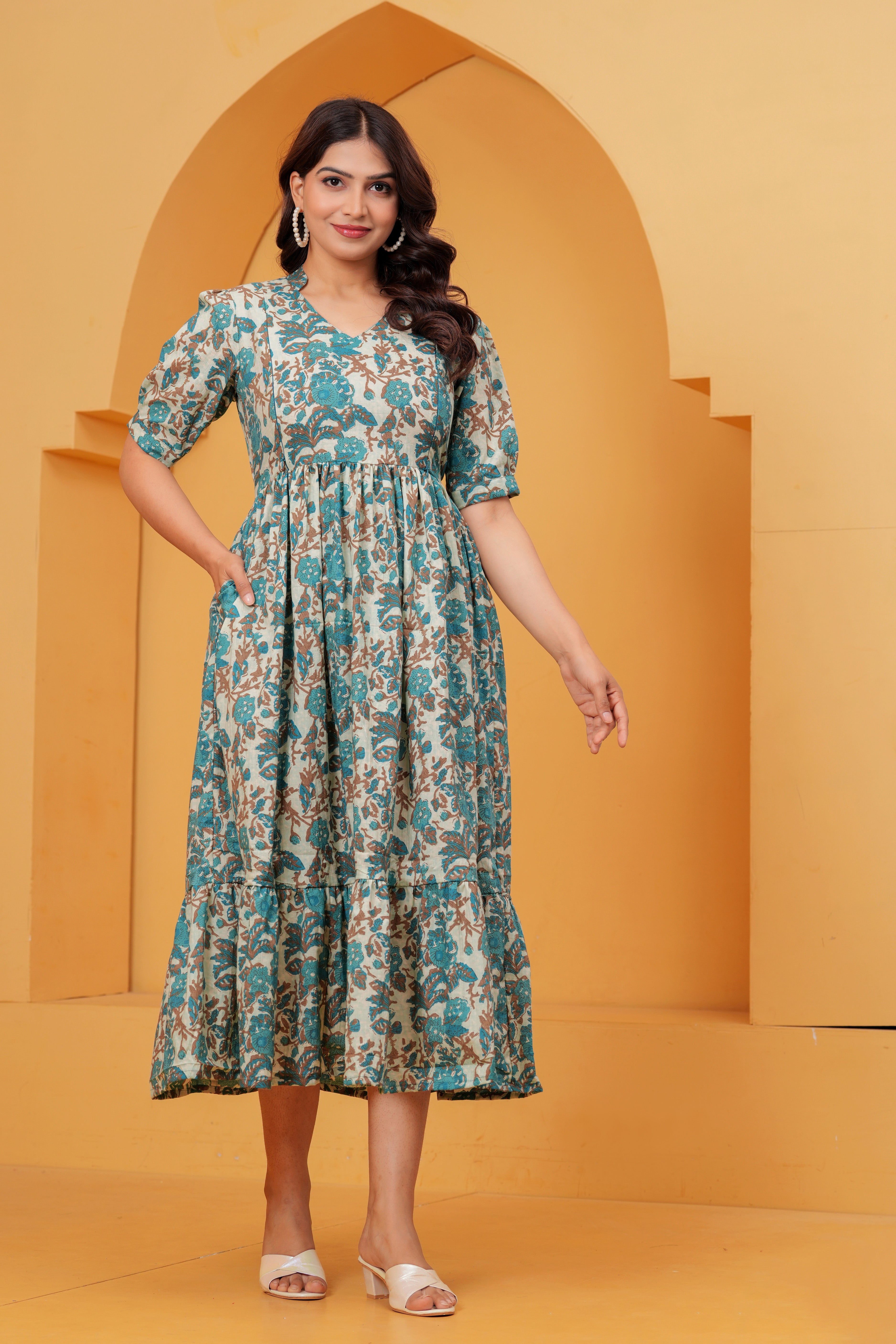 Turquoise Petal Elegance Floral Tiered Printed Maternity Kurta