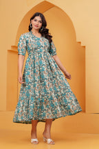 Turquoise Petal Elegance Floral Tiered Printed Maternity Kurta