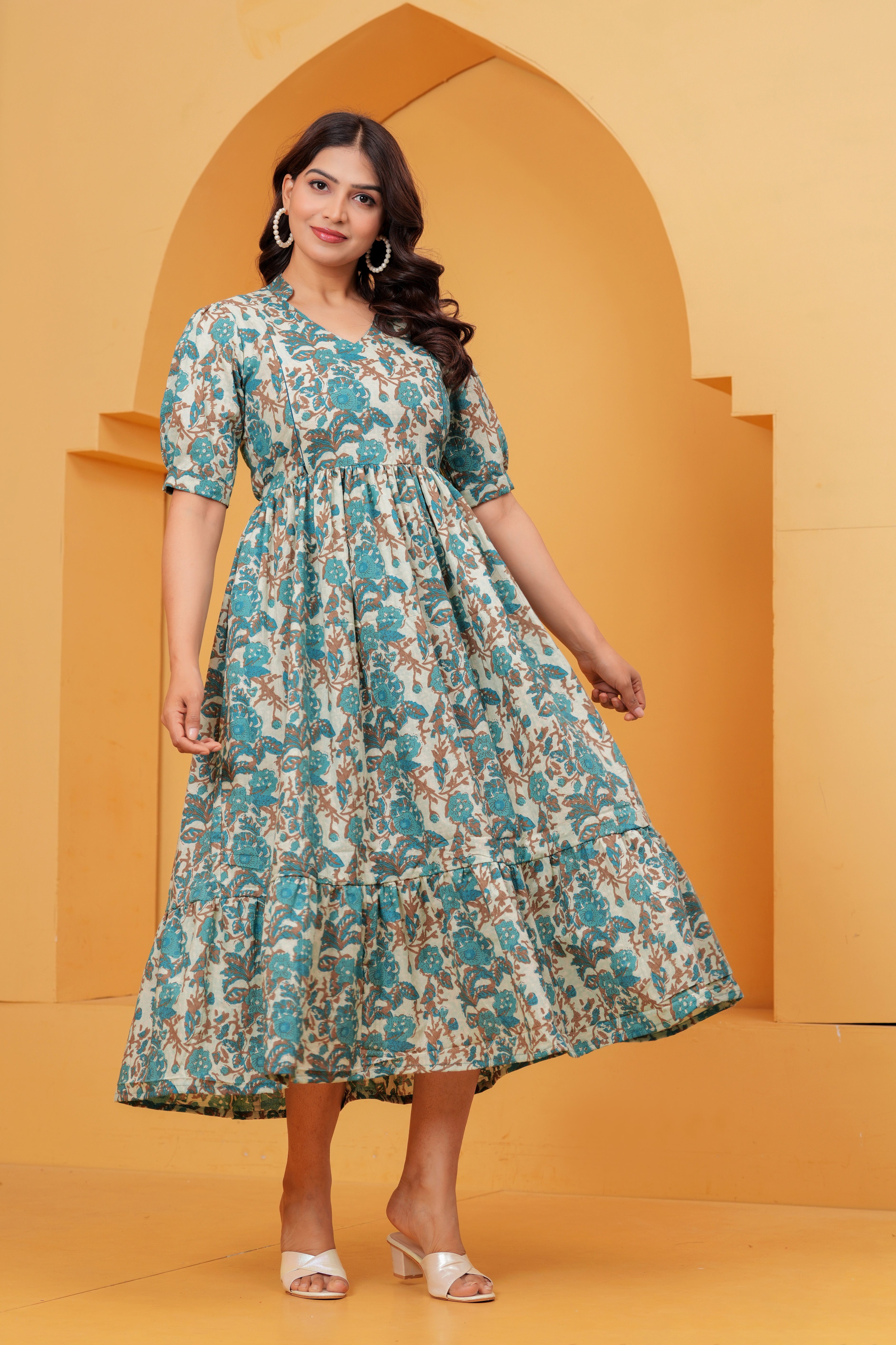 Turquoise Petal Elegance Floral Tiered Printed Maternity Kurta