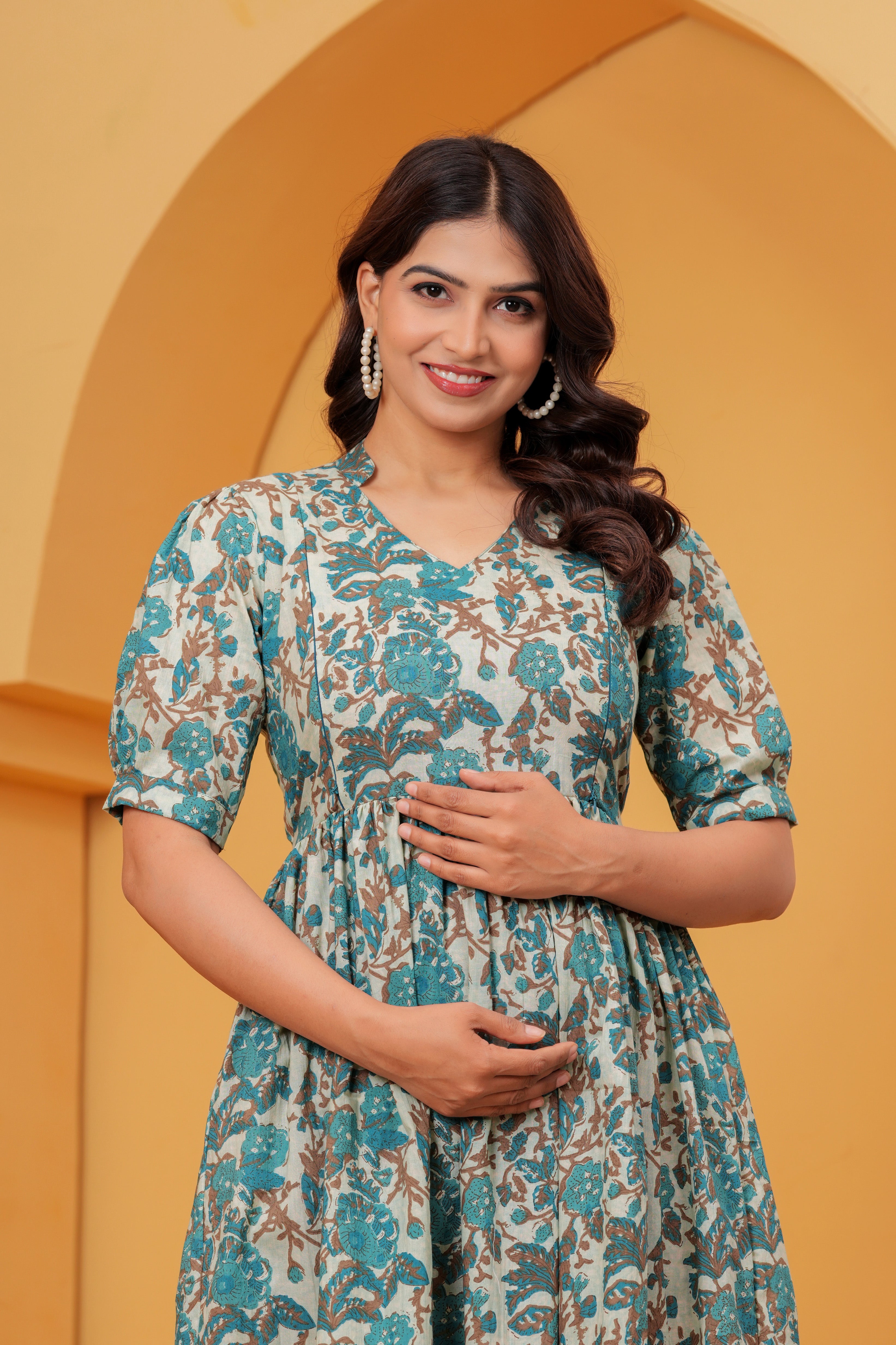Turquoise Petal Elegance Floral Tiered Printed Maternity Kurta