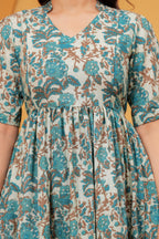 Turquoise Petal Elegance Floral Tiered Printed Maternity Kurta