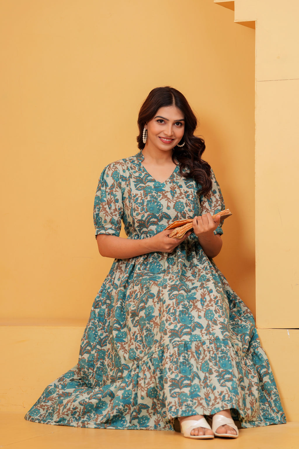 Turquoise Petal Elegance Floral Tiered Printed Maternity Kurta