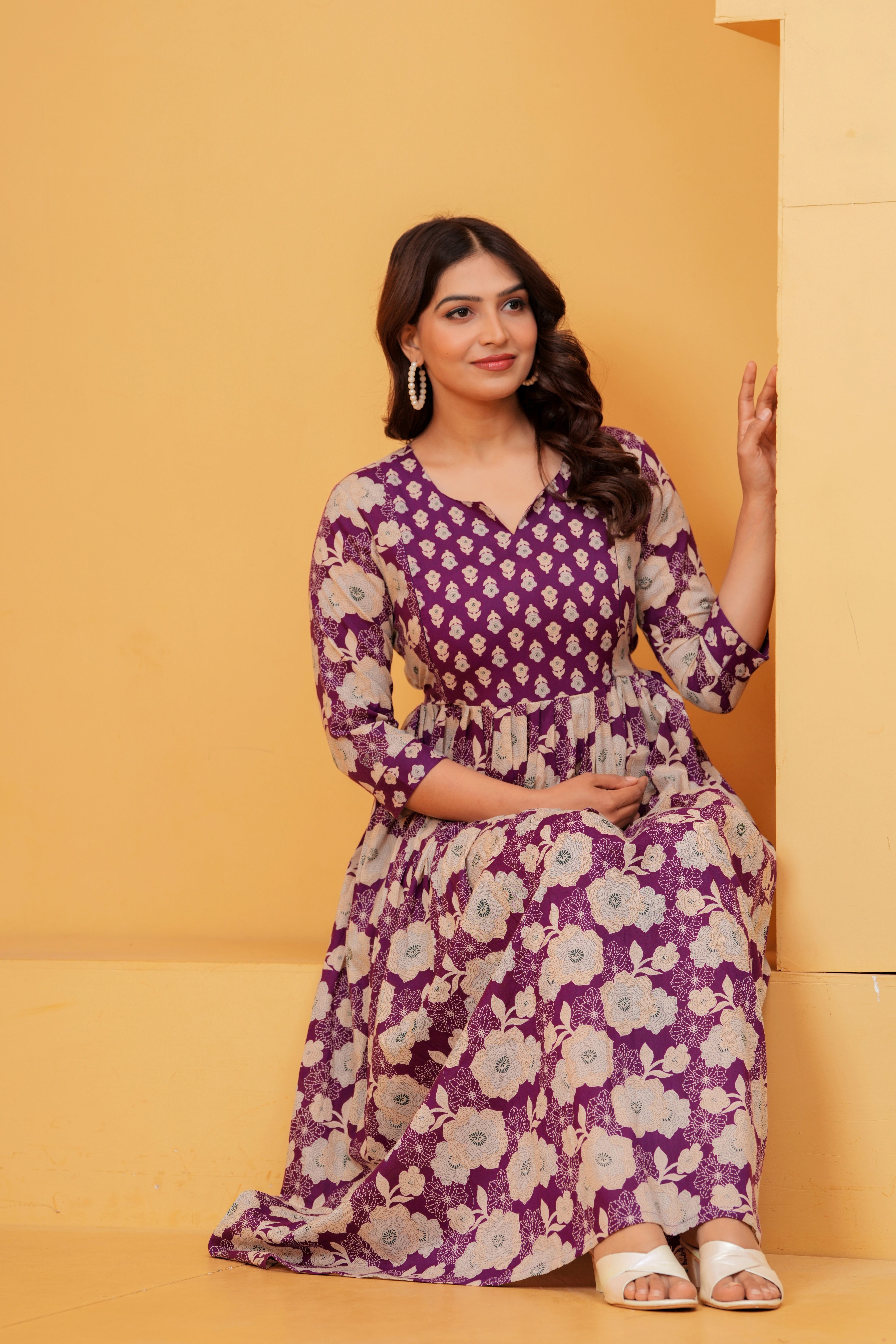Royal Blossom Purple Floral Printed Maternity kurta
