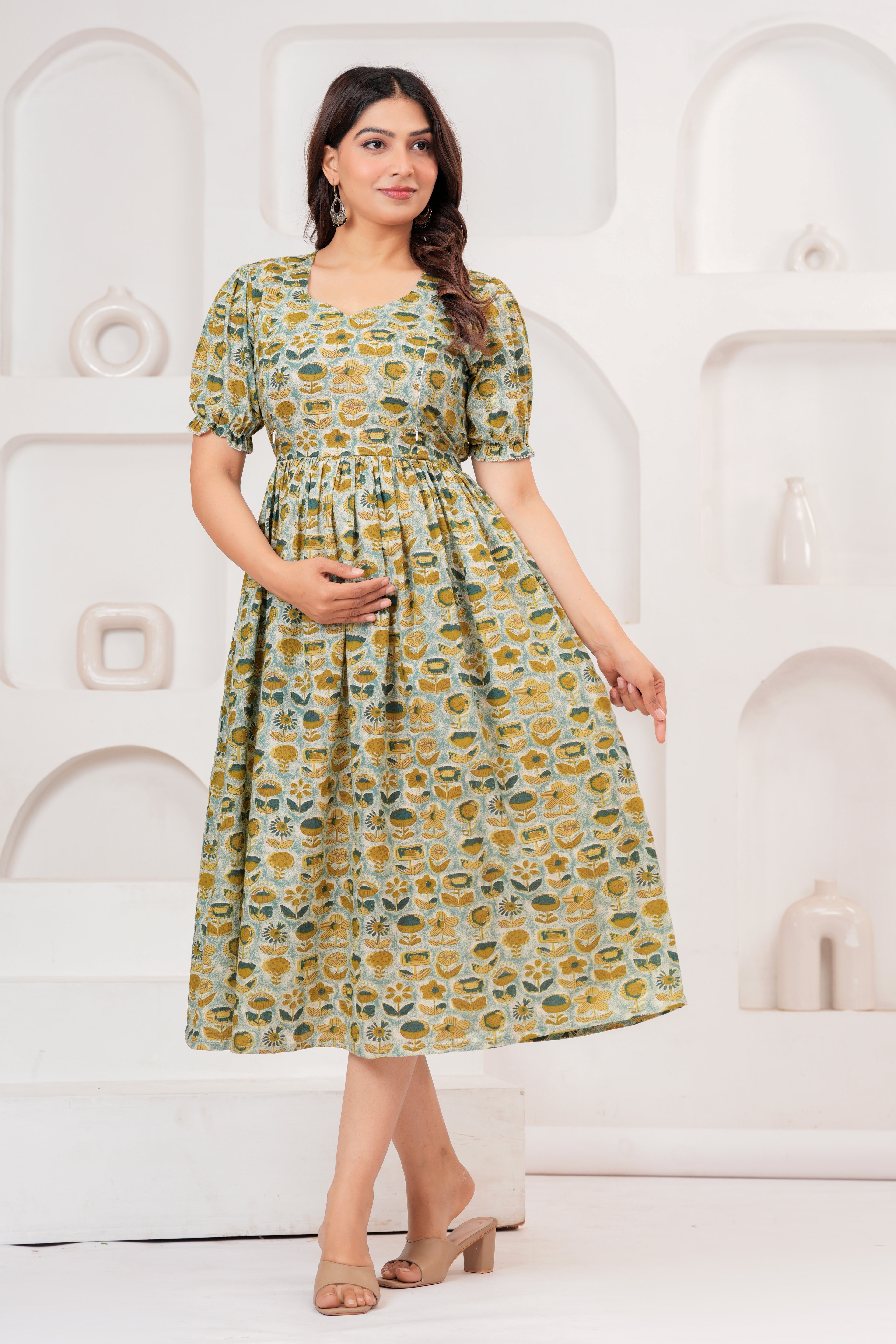 Sage Green Bloom Elegant Floral Printed Maternity Kurta