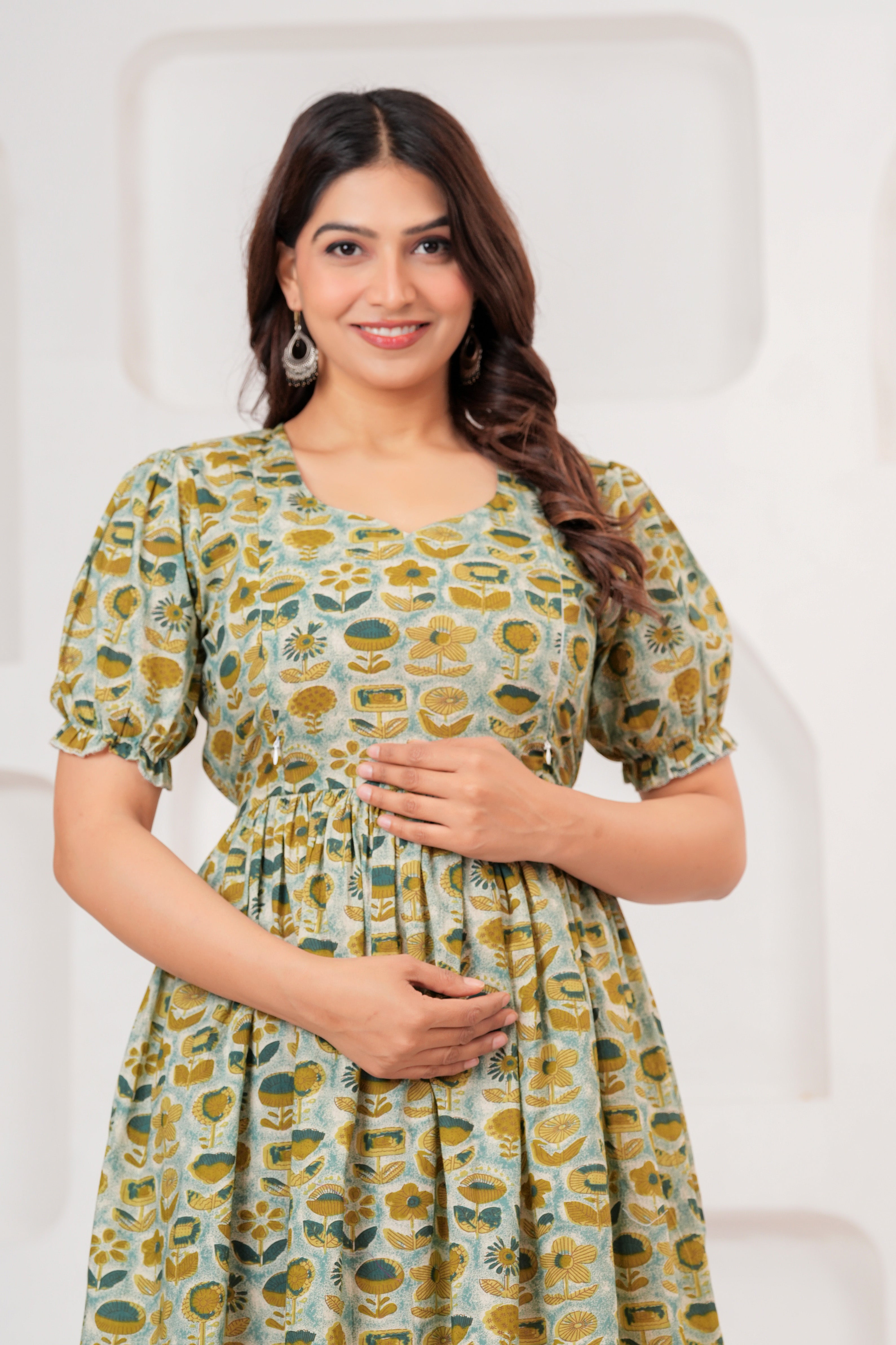 Sage Green Bloom Elegant Floral Printed Maternity Kurta