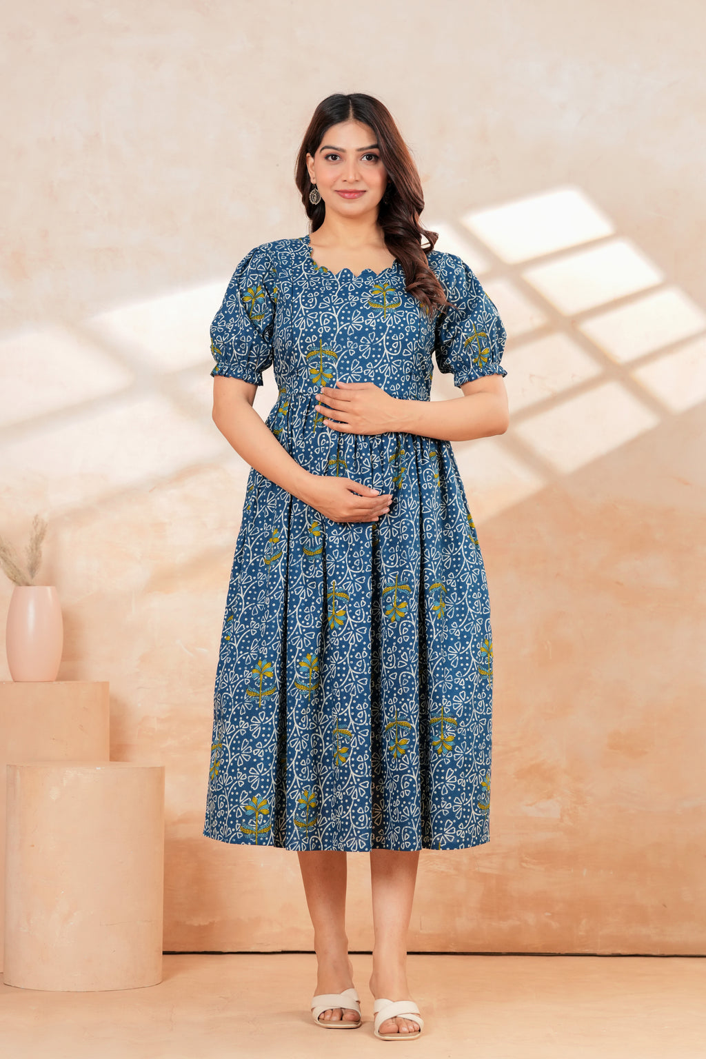 Blue Printed Pure Cotton Maternity Kurta