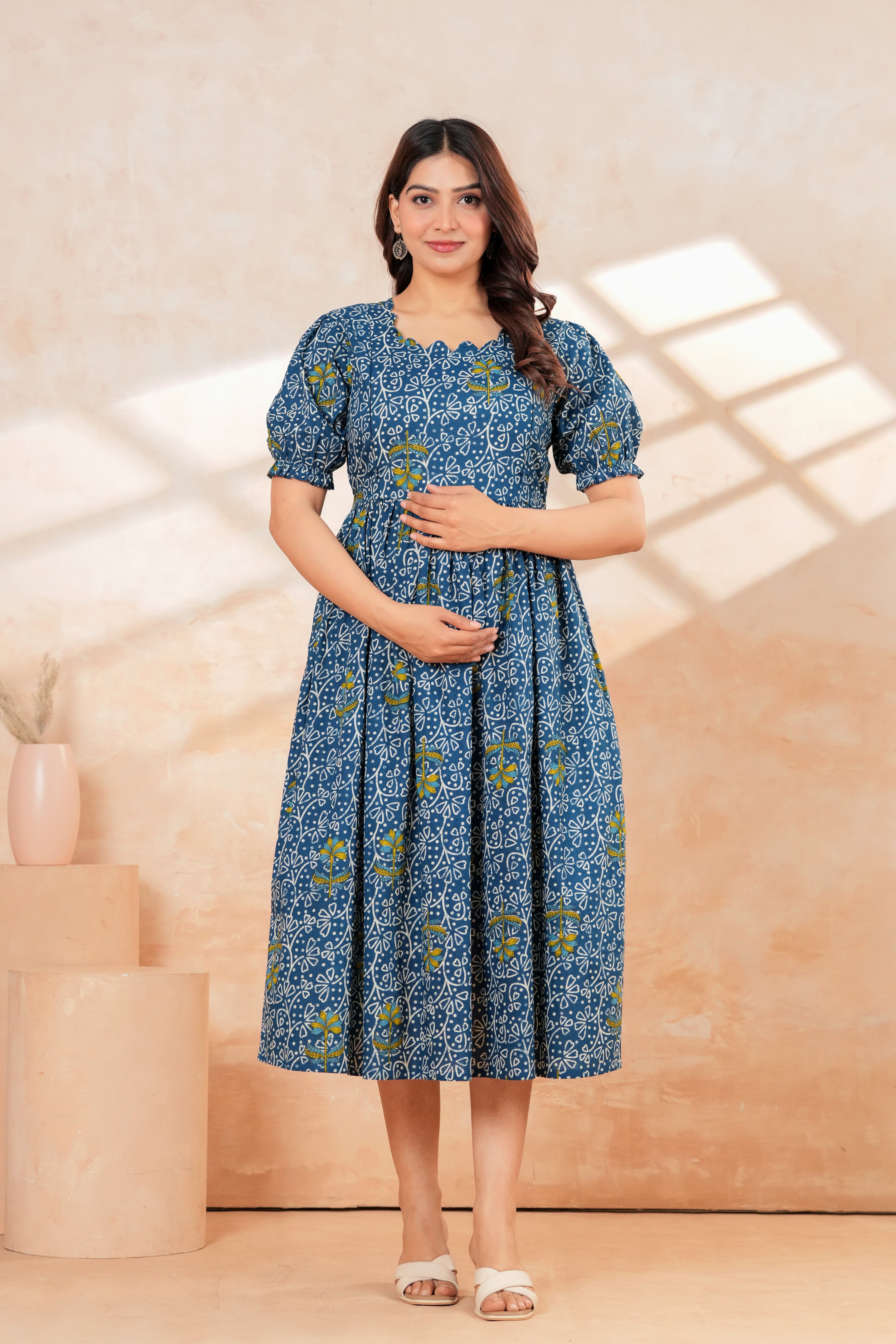 Blue Printed Pure Cotton Maternity Kurta