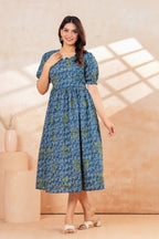 Blue Printed Pure Cotton Maternity Kurta