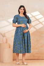 Blue Printed Pure Cotton Maternity Kurta