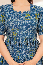 Blue Printed Pure Cotton Maternity Kurta