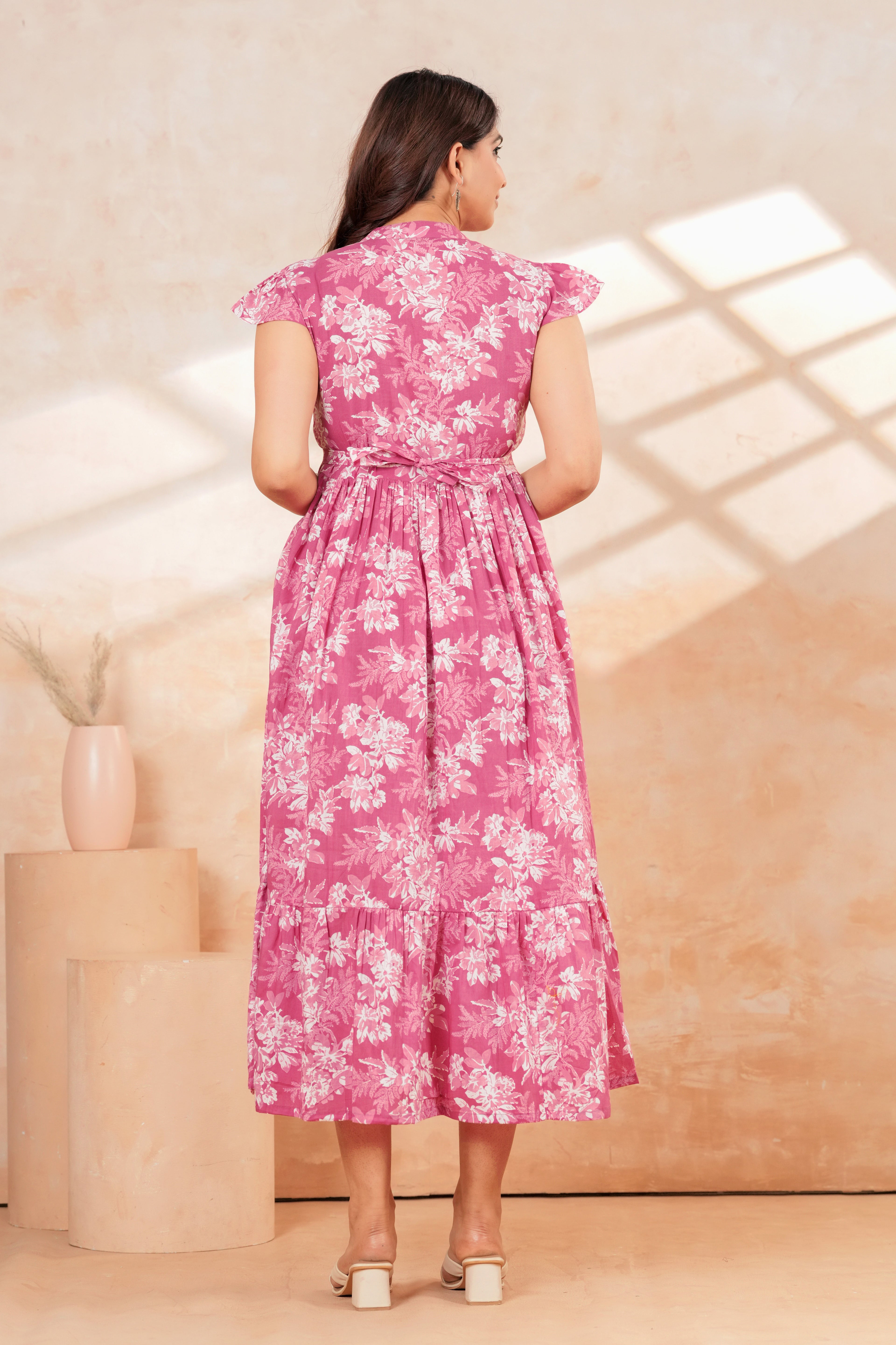 Momaura Pink Half sleeves Floral Feeding & Maternity Dress