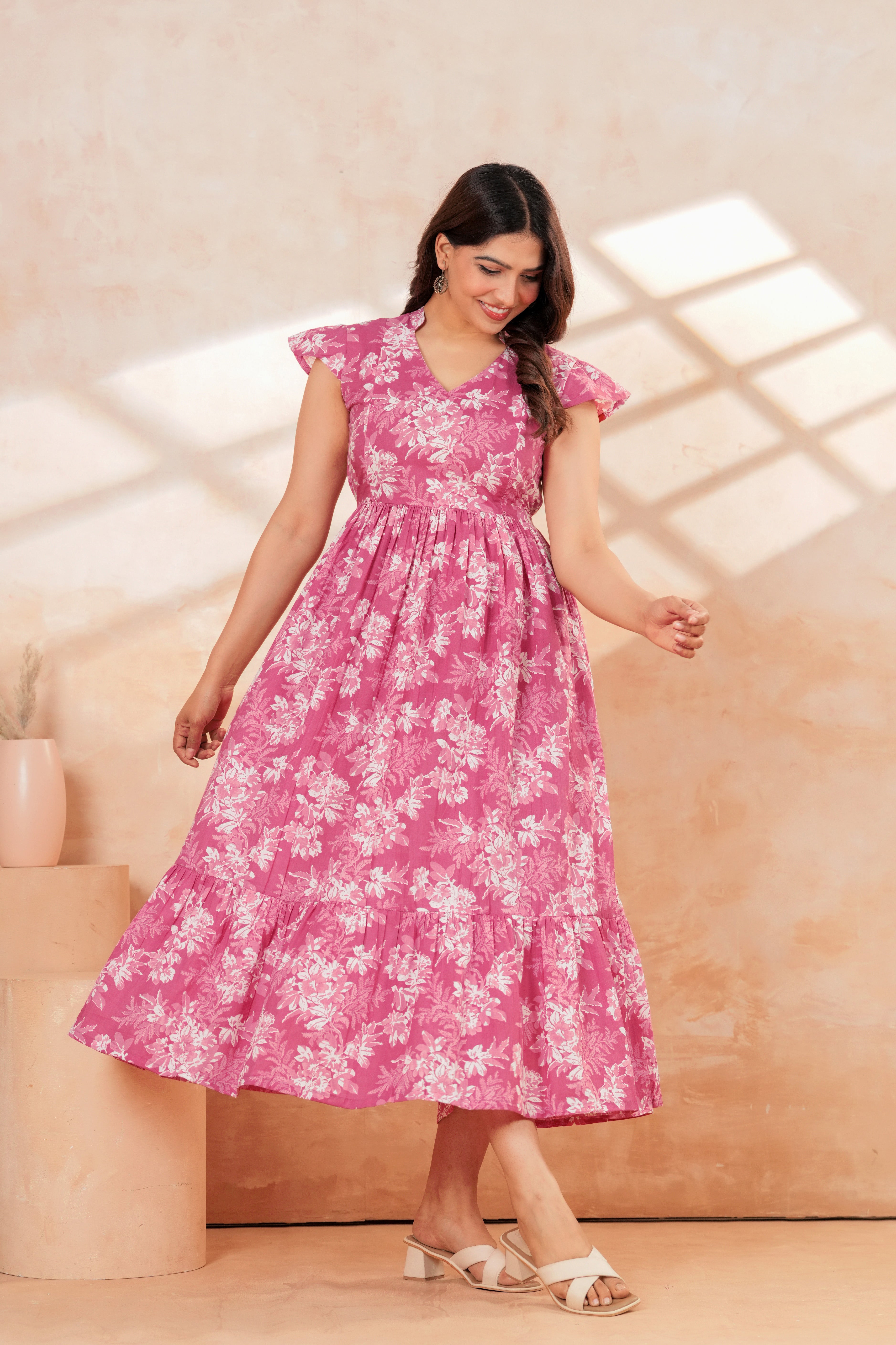 Momaura Pink Half sleeves Floral Feeding & Maternity Dress