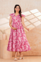 Momaura Pink Half sleeves Floral Feeding & Maternity Dress