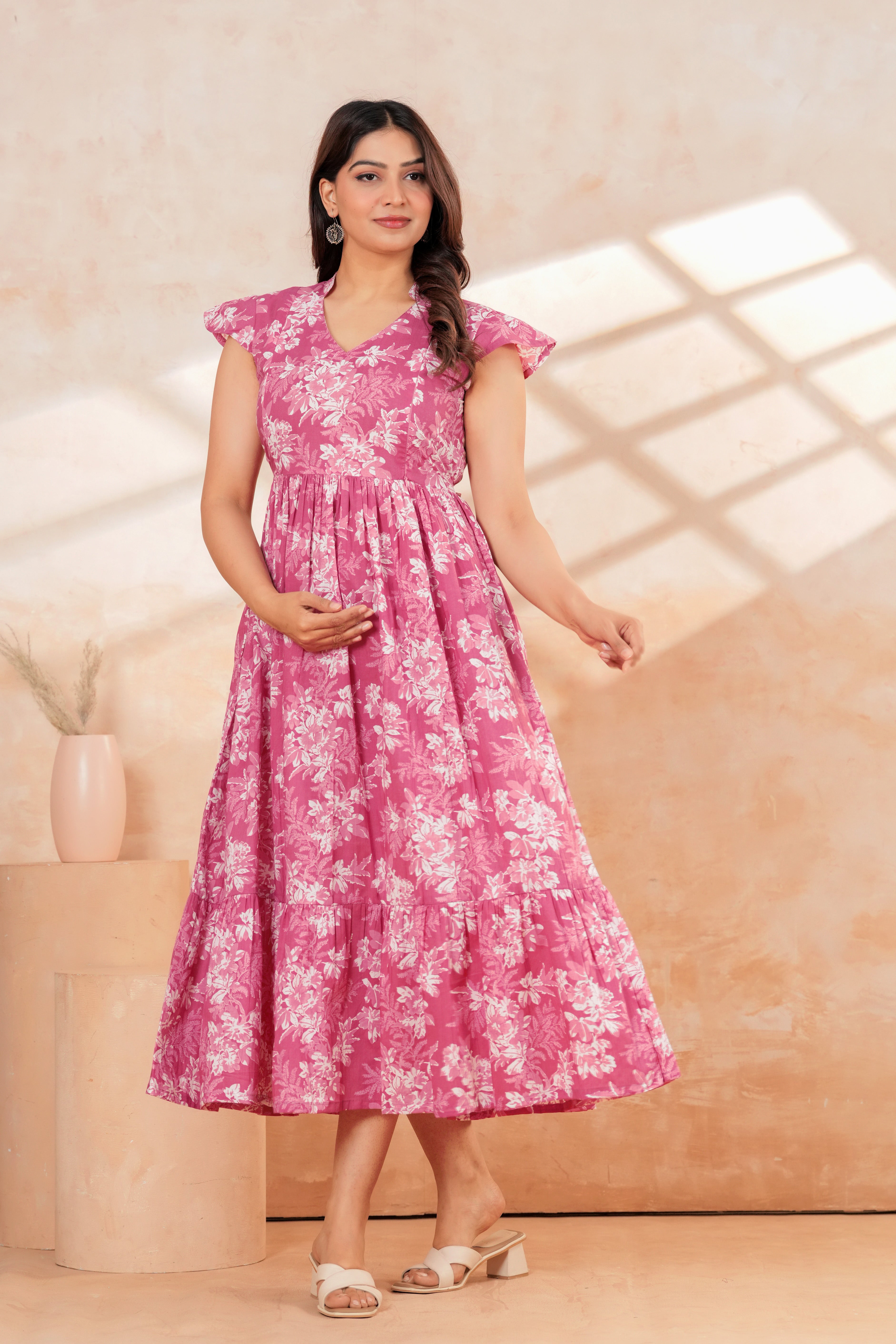 Momaura Pink Half sleeves Floral Feeding & Maternity Dress
