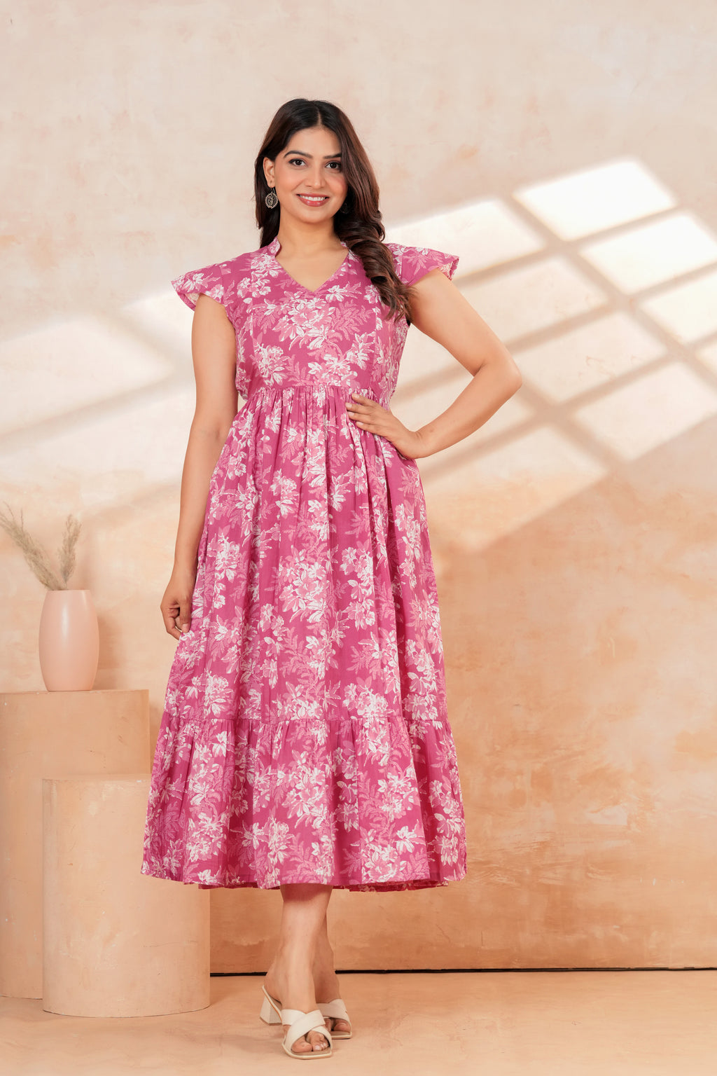 Momaura Pink Half sleeves Floral Feeding & Maternity Dress